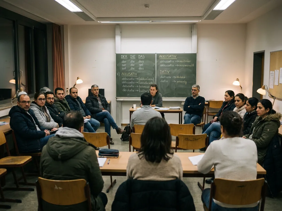 Abendlicher Deutschkurs mit rund zwanzig Erwachsenen vor einer Tafel mit Grammatiknotizen