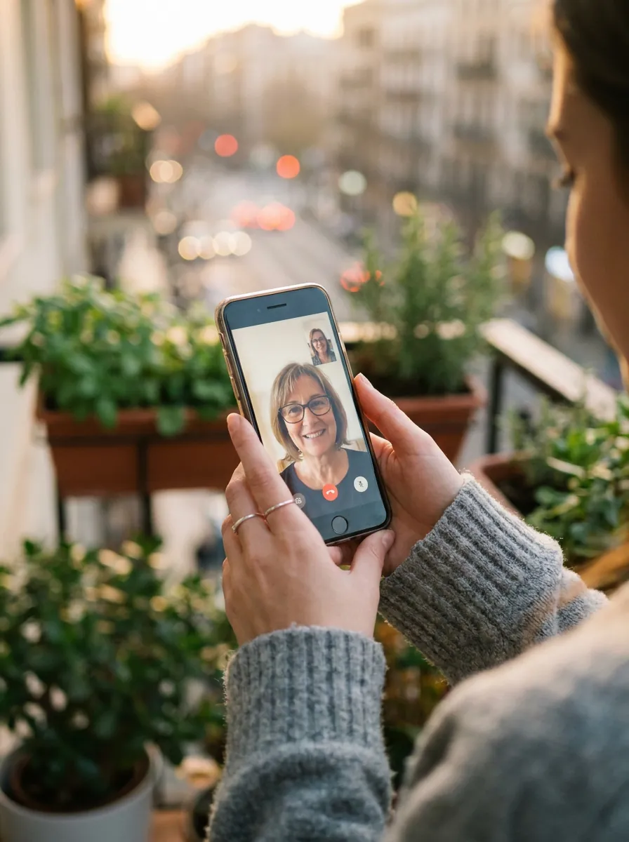 Hände halten auf dem Balkon ein Smartphone mit laufendem Videogespräch mit einer Tutorin